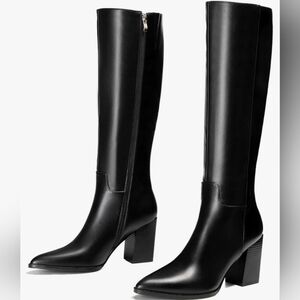 vivianly Women's Wide Knee-High Boots, Pointed Toe Block Heel Zipper, Fashion